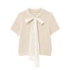Round neck transparent stiff yarn bow decoration knitted short sleeved top for women